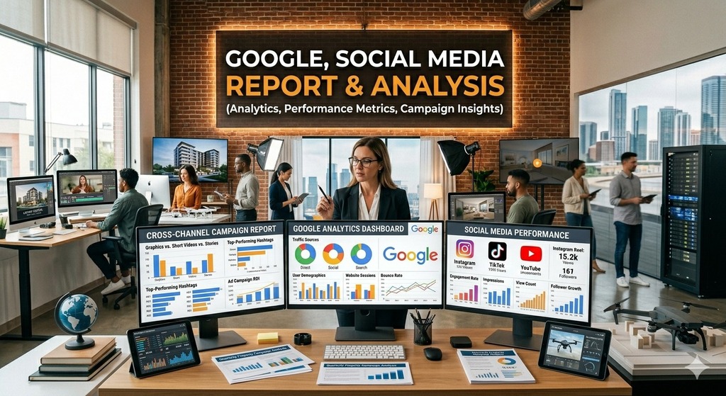 Digital marketing team analyzing Google and social media performance reports on multiple screens, displaying analytics dashboards, campaign metrics, and cross-channel insights in a modern office setting.