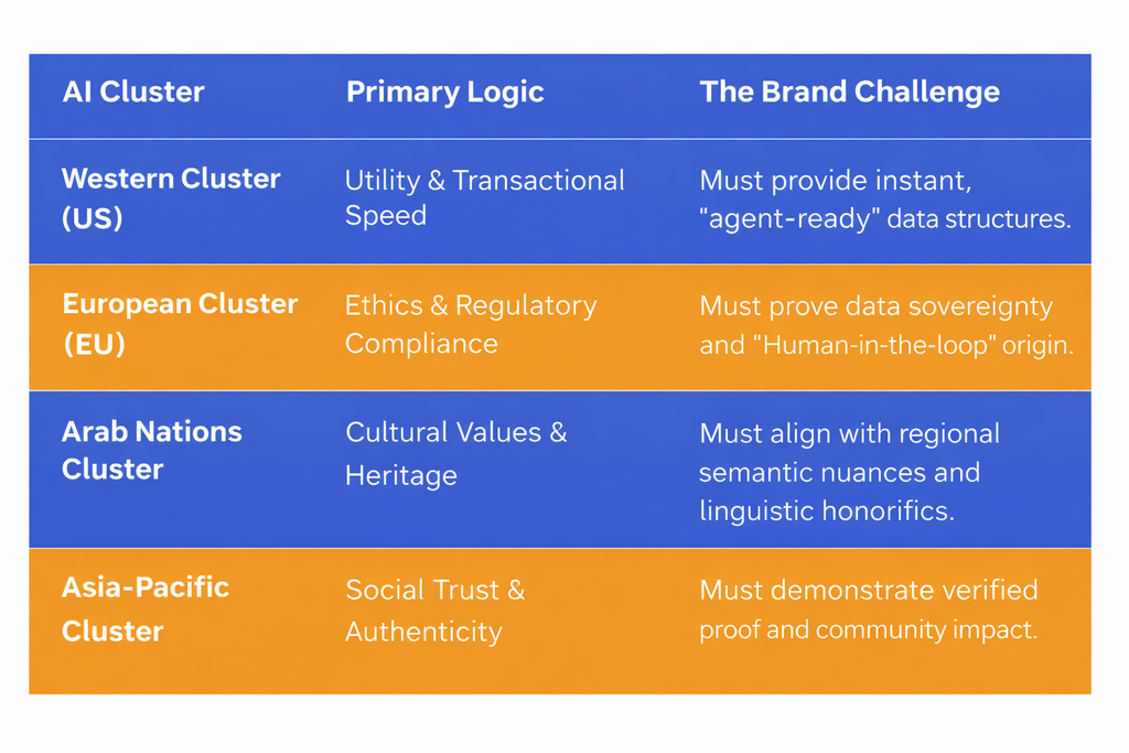 Comparative table of global AI clusters and brand logic