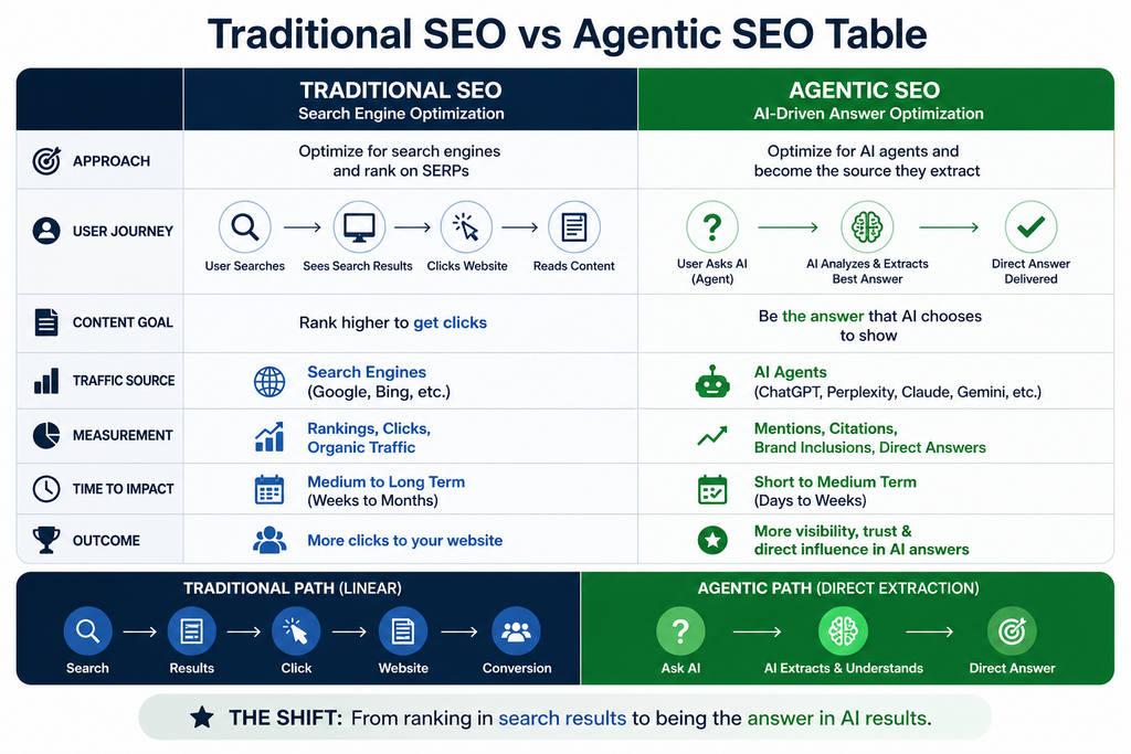 Comparison table of Traditional SEO versus Agentic SEO strategies.