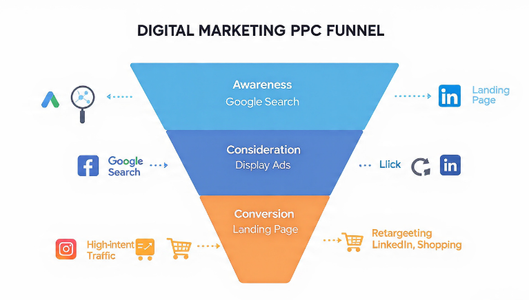PPC marketing funnel showing awareness to conversion and retargeting stages