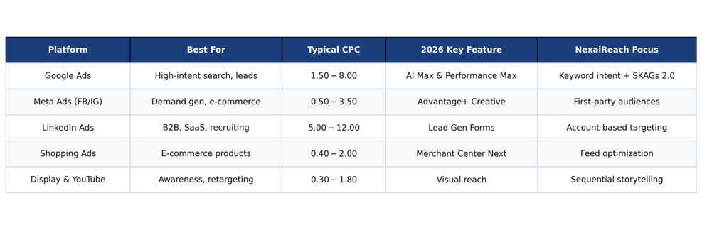 Comparison table of Google Ads, Meta Ads, LinkedIn Ads, Shopping and Display CPC and features
